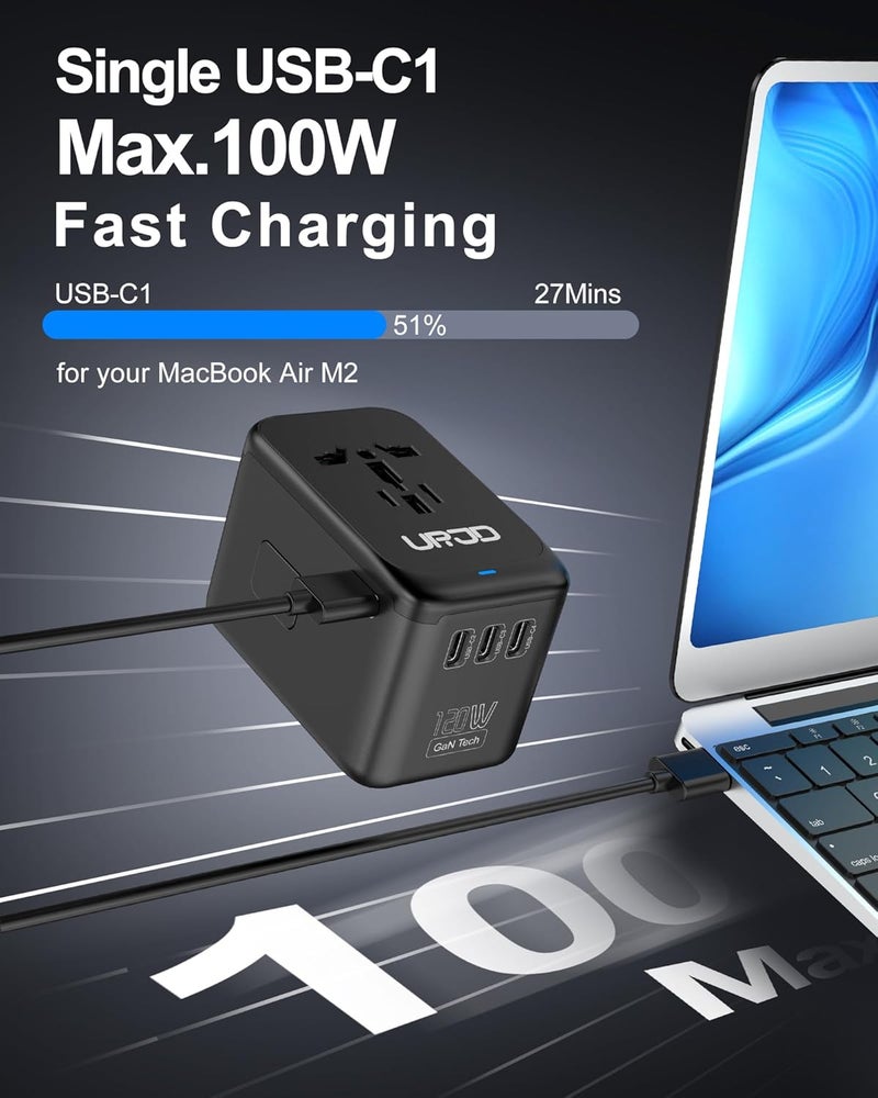 URJD Universal Travel Adapter, 120W GaN International Power Plug Adapter, 5 USB Ports & 2500W AC Outlet, All-in-One Travel Charger for 200+Countries, Fast Charging All USB & Dual Voltage Devices - Image 4